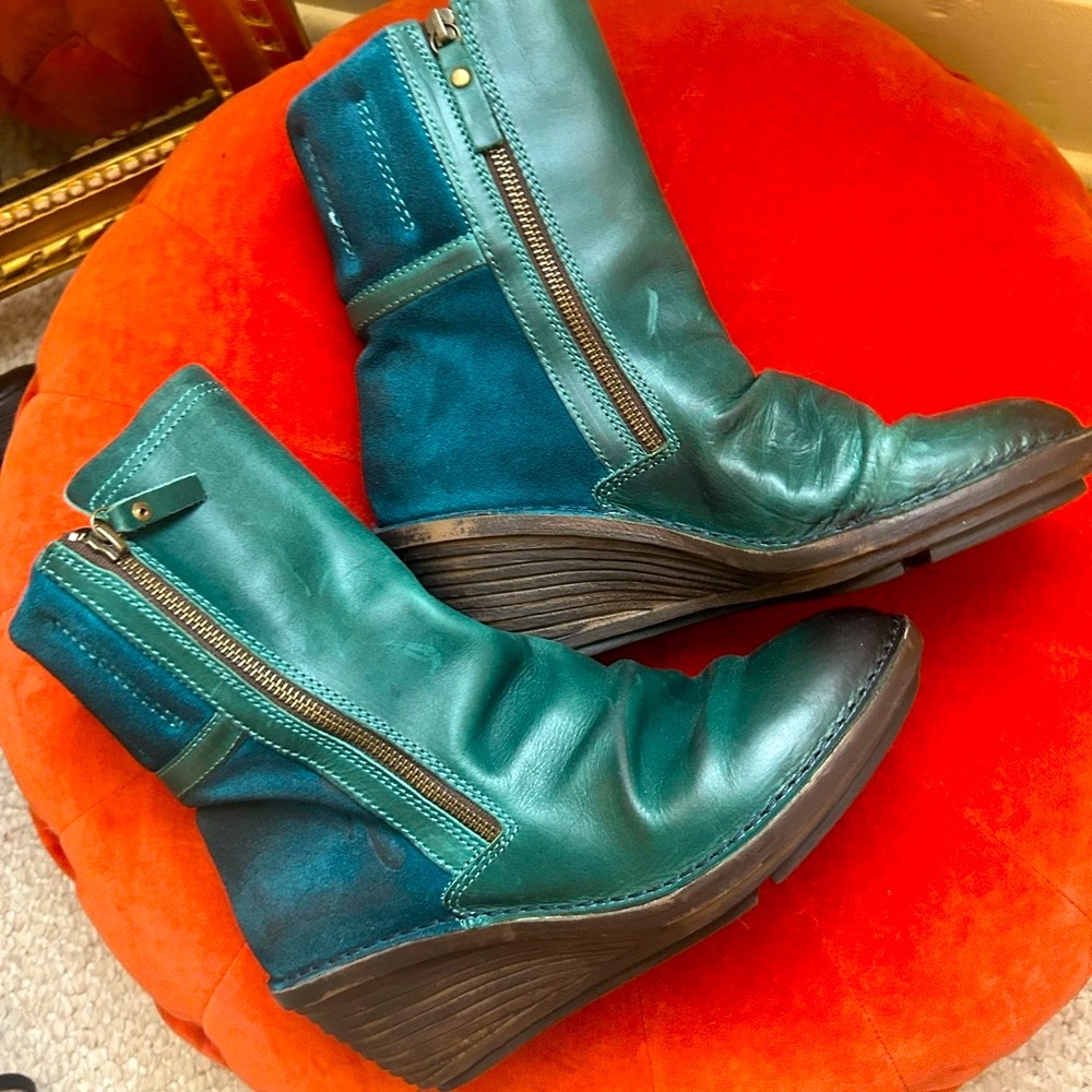 FLY London SIMI teal turquoise blue green leather  suede boots wedge heel 9 40